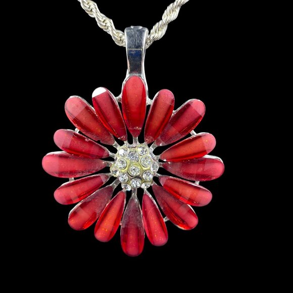 Vintage RMN Red Flower Pendant Necklace Coquette Cottagecore Fairycore 24" - Picture 3 of 8